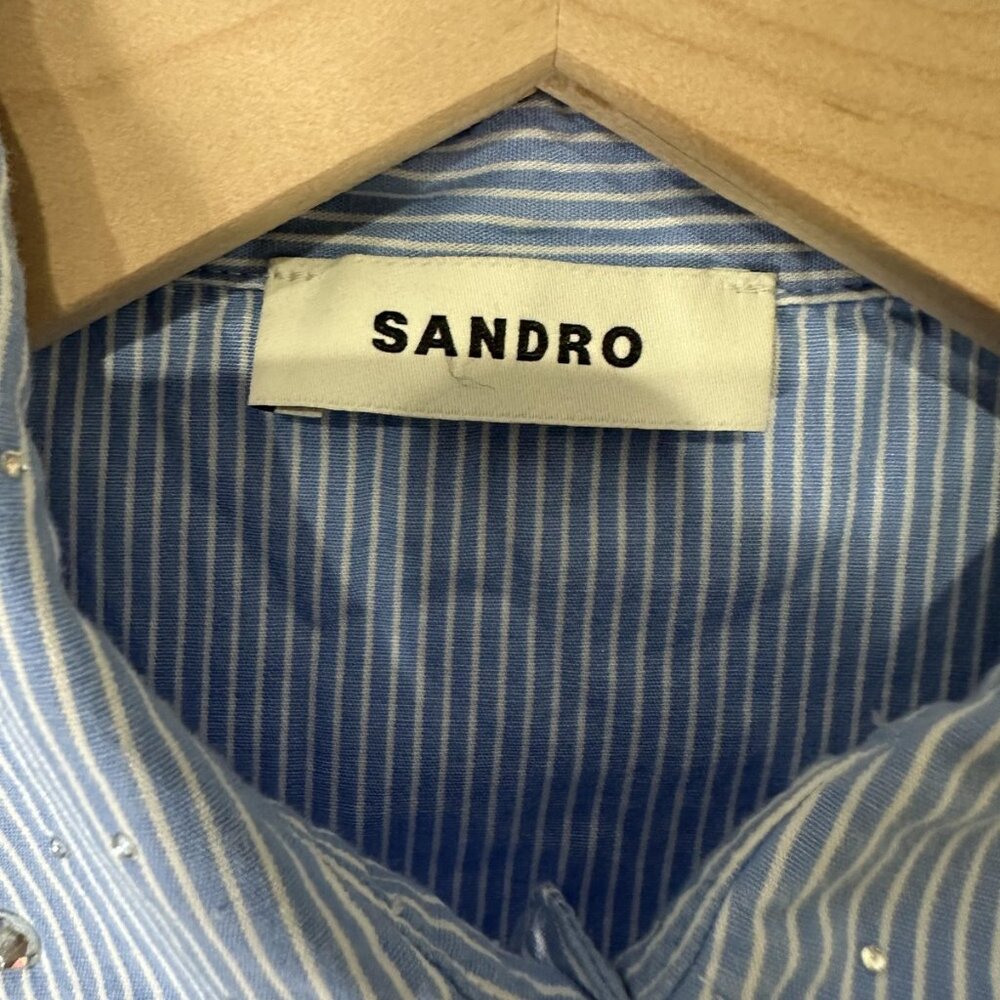 Sandro Shirt Womens Small Blue Striped Sequin Embellished High Low Button Blouse - Picture 2 of 6